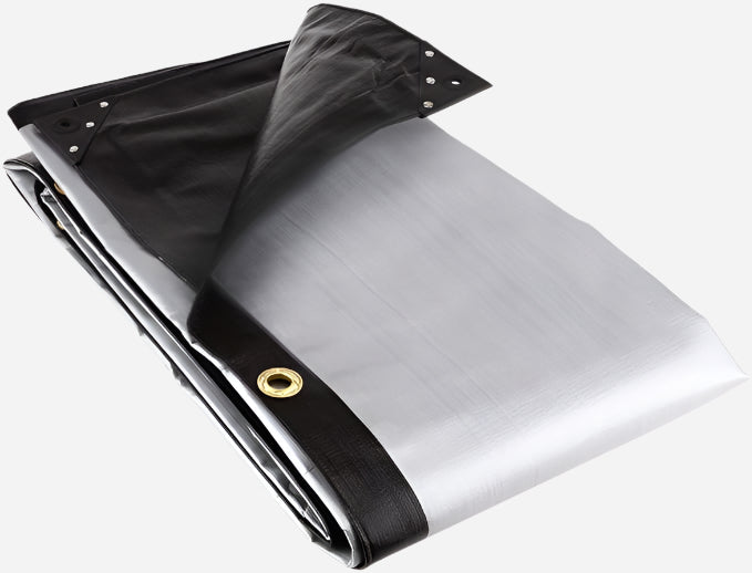 270gsm Black & Silver Heavy Duty Tarpaulin with Reinforced Corners and Eyelets for Roofing, Boats and Outdoor Use