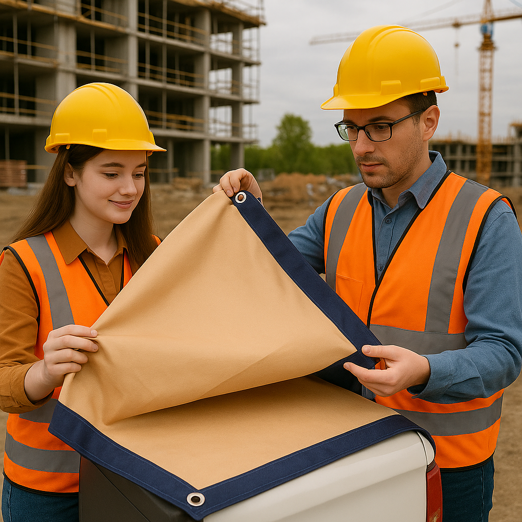 350gsm Blue and Beige Waterproof Tarpaulin with Eyelets for Construction, Marine and Outdoor Use