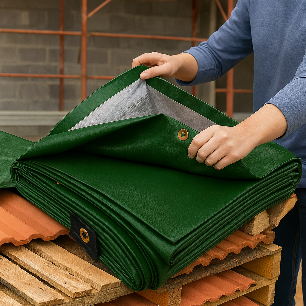 140gsm Green Silver Reversible Tarpaulin Cover with Eyelets and Reinforced Edges for Outdoor, Farming and Camping Use