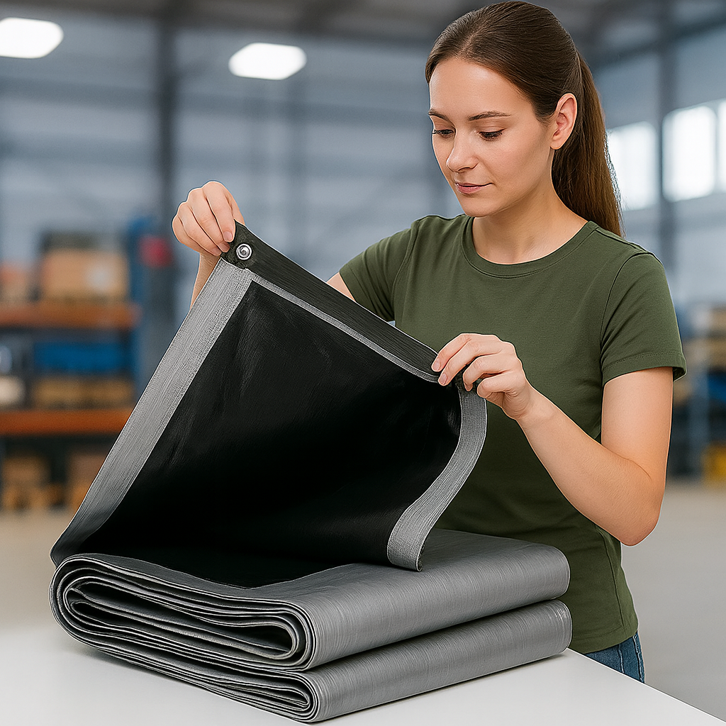 270gsm Black & Silver Heavy Duty Tarpaulin with Reinforced Corners and Eyelets for Roofing, Boats and Outdoor Use