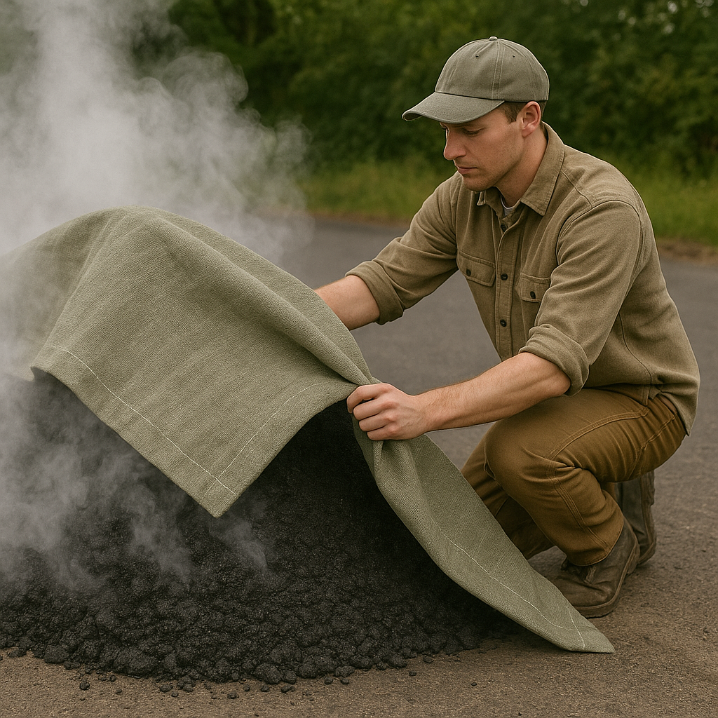 Double Stitched Jute Tarmac Cover – Heat Retaining Ground Sheet with Eyelets for Construction and Industrial Use